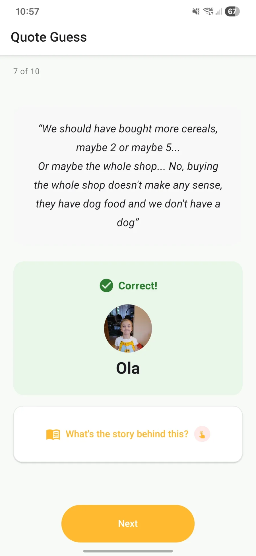 Quote Guess correct-answer screen revealing which child said the quote