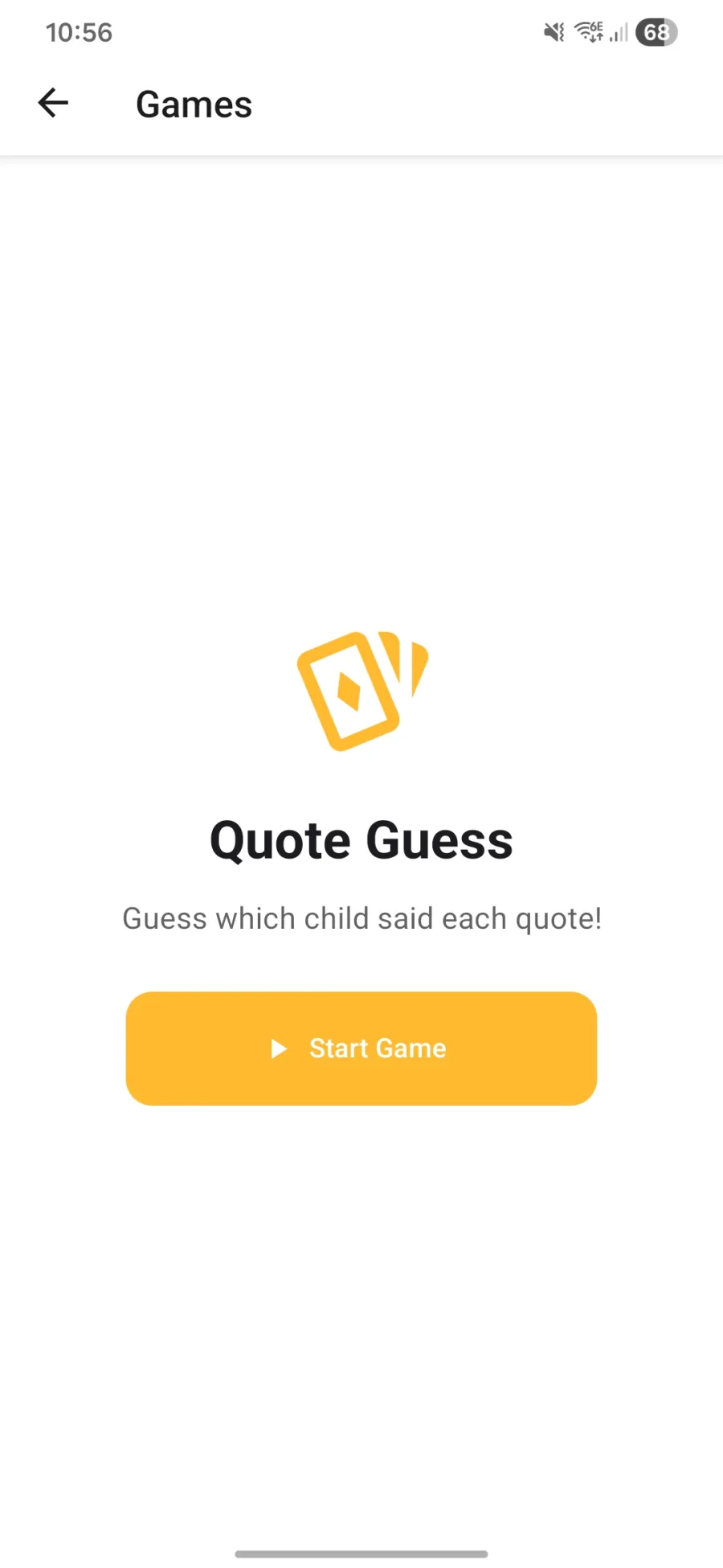 Quote Guess game intro screen in the Fun Bits app showing the Start Game button
