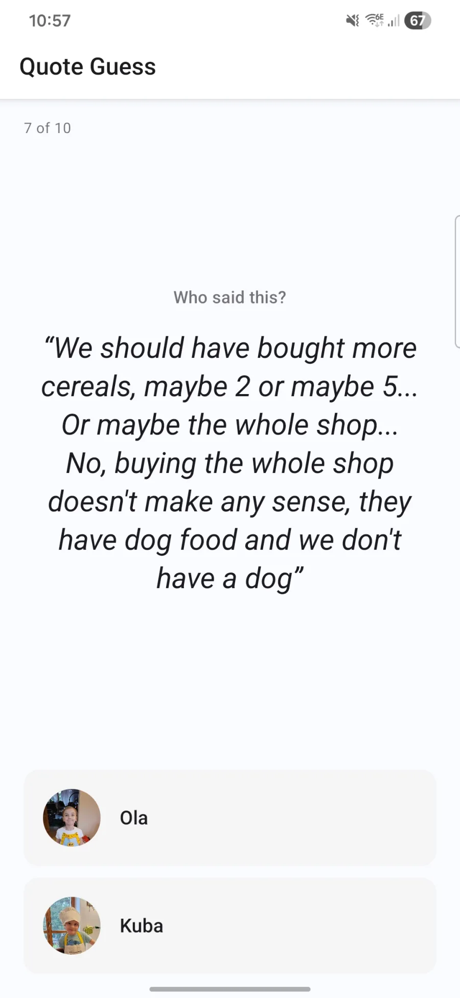 Quote Guess gameplay showing a funny children's quote and two options to guess who said it